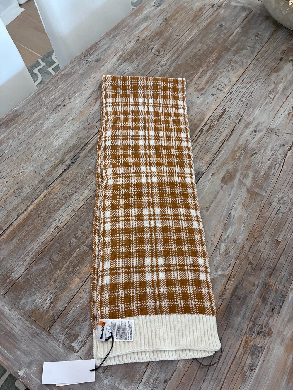Timberland Cream and Brown Plaid V-Neck Sweater